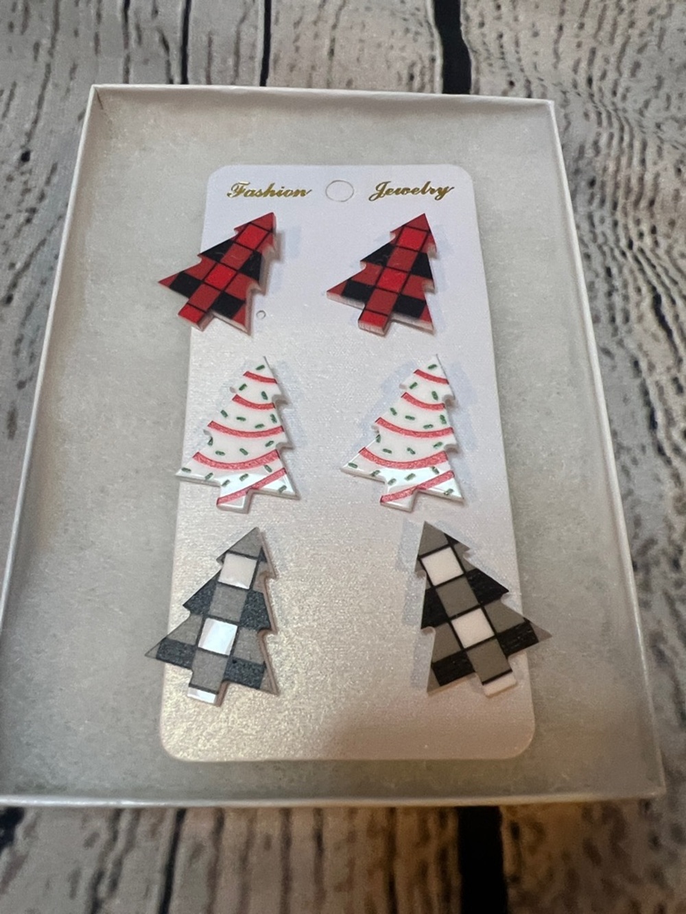 Christmas Tree Stud Earring 3 Set - Red, White, Black Plaid